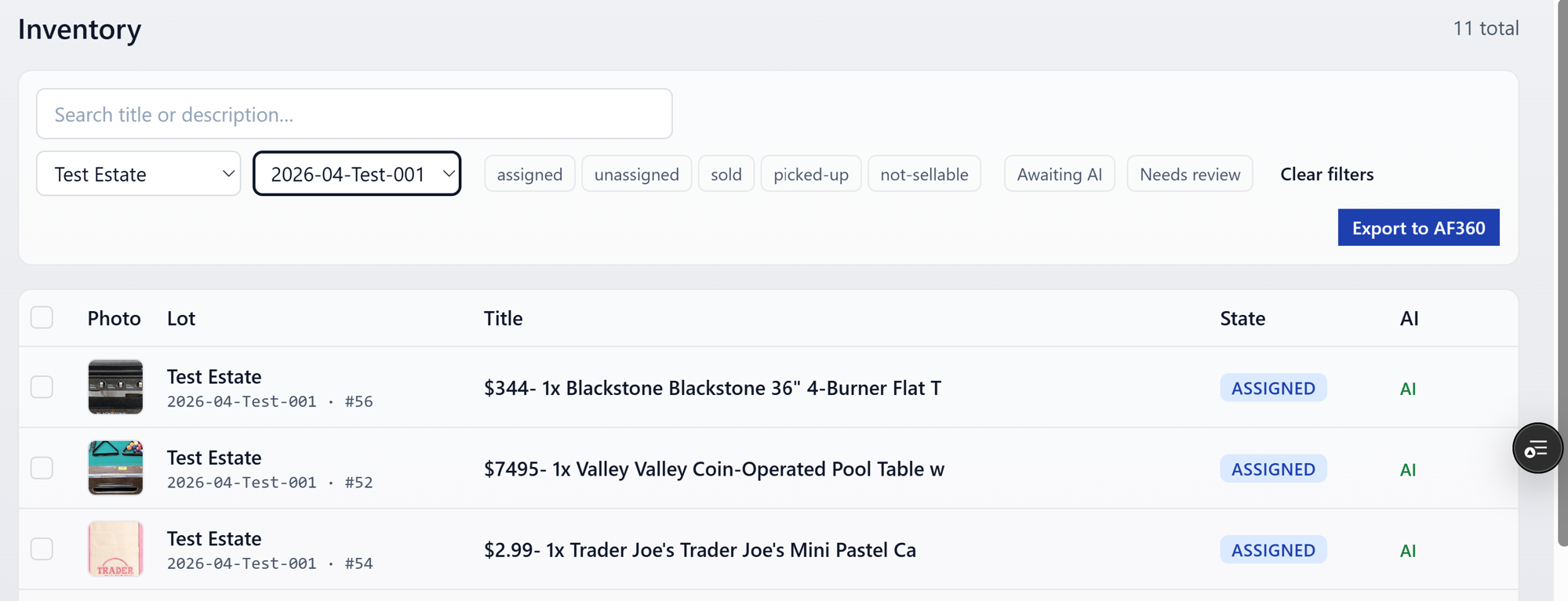 Export button in inventory