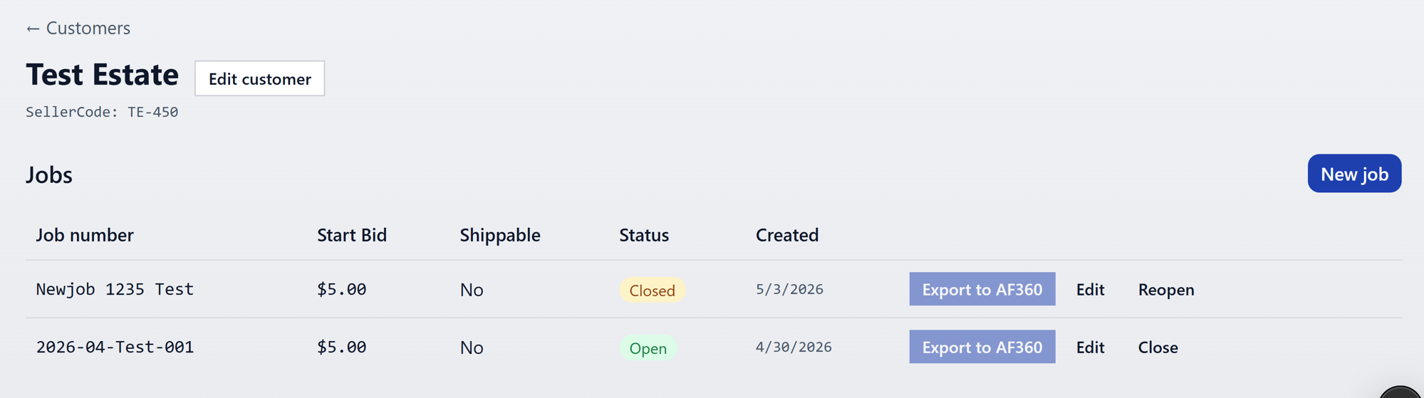 Export button on job row