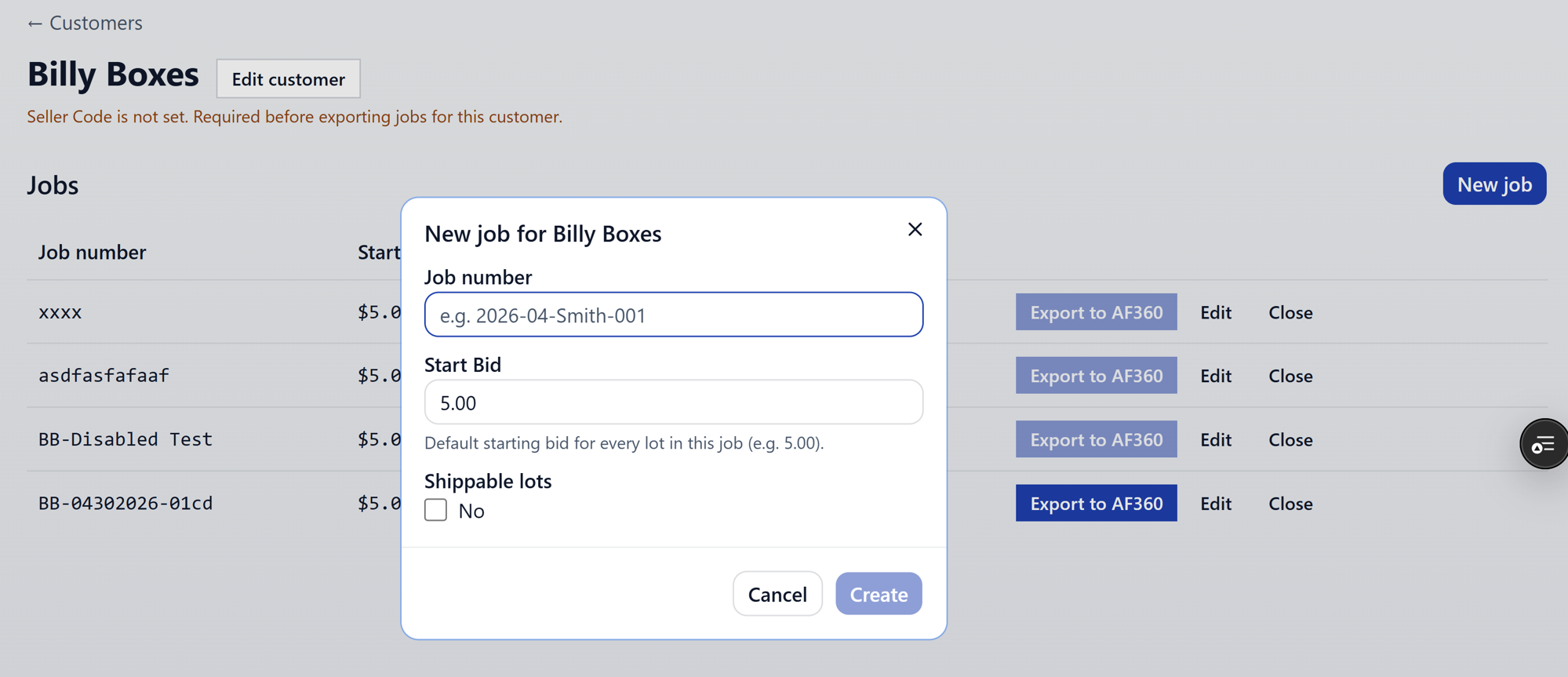 New job dialog