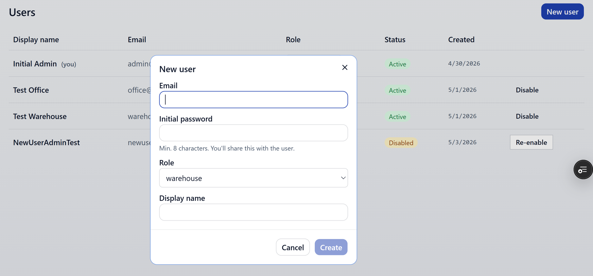 Add user dialog